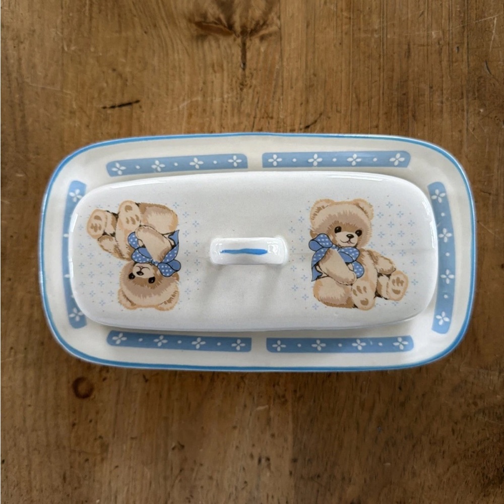 Tienshan Stoneware Theodore Country Bear Covered Butter Dish Blue Farmhouse VTG